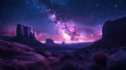 Naklejka premium Majestic Milky Way galaxy over a desert landscape at night, vibrant purple hues.