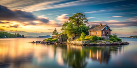 Fototapeta premium Cozy Small House on a Serene Island - Long Exposure Real Estate Illustration with Copy Space for a Homely Feel in a Tranquil Natural Setting