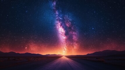 Majestic Milky Way galaxy rising over a desert road at night.