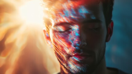 Serene man with colorful light projections on his face.