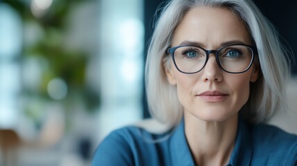 Confident mature woman with short gray hair wearing glasses and blue shirt.