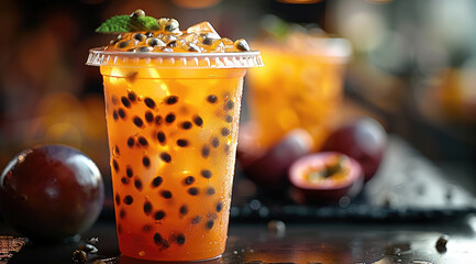 Clear plastic cup filled with sparkling passion fruit soda, garnished with passionfruit seeds, clean and crisp lighting.