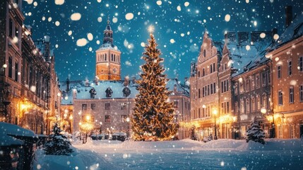 Obraz premium Winter Wonderland Scene with Snowy Christmas Tree and Buildings