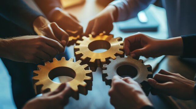 Business people joining gears