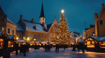 Fototapeta premium Festive Christmas Market Scene with Lit Tree and Winter Atmosphere