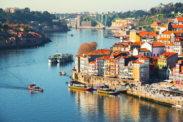 Fototapeta premium Porto, Portugal. Panoramic view of the old town and Douro river at sunset.