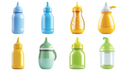 Pack Baby Feeding Bottle set against transparent background for Baby Care or Parenting Themes