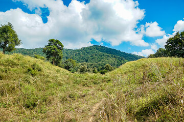 Fototapeta premium Exploring verdant hills nature landscape mountainous region scenic view tranquil atmosphere for nature enthusiasts
