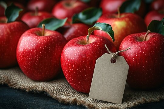 Close-up of red apples with a blank tag on a burlap surface.