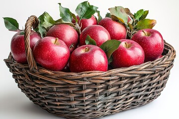 A basket full of apples with green leaves is shown on a white background