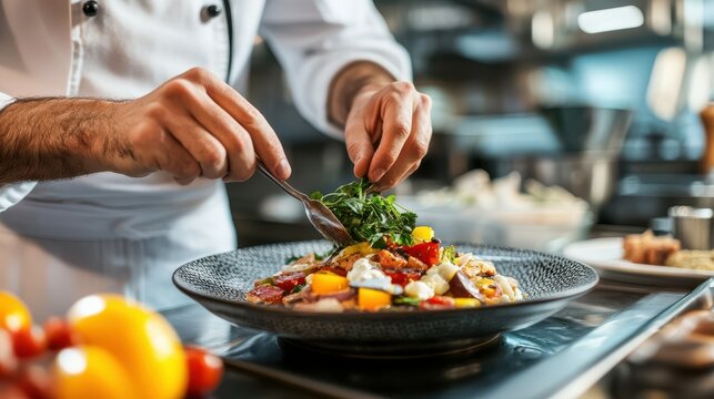 Chef garnishing a vibrant dish with fresh herbs in a bustling open kitchen with customers enjoying the culinary experience