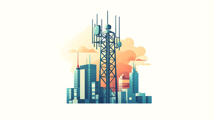 Obraz premium Cellular tower towering over a modern city skyline