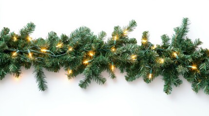 Christmas border with conifer branches and garlands of Christmas lights isolated on white background****