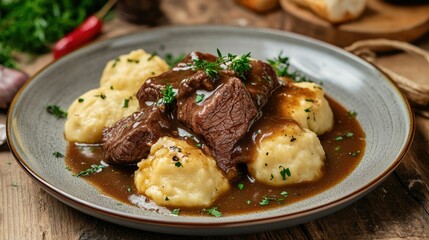 Savory Beef Stew with Creamy Mashed Potatoes and Herbs