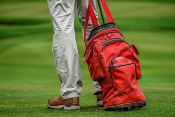 Obraz premium An individual stands on a lush green golf course, holding a vibrant red golf bag adorned with clubs, capturing the essence of leisure and sport in a serene setting.