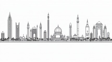 Obraz premium Urbanscape Linear Banner: Customizable Cityscape with Diverse Objects and Background Fill
