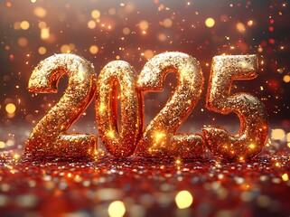 Happy New Year 2025 Illuminated Gold Numbers On A Surface

