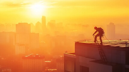 Fototapeta premium Silhouette of worker on top of building with sunset sky background.