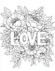 Intricate floral illustration with the word "LOVE" at the center, ideal for coloring pages, romantic designs, or artistic projects. Perfect for Valentine's Day or wedding crafts