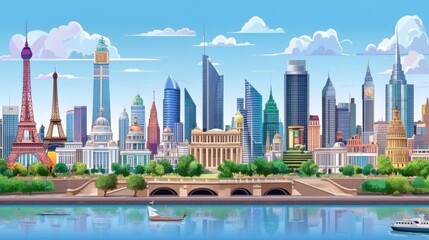 Fototapeta premium Urbanscape Linear Banner: Customizable Cityscape with Diverse Objects and Background Fill