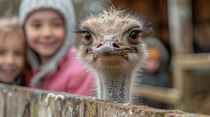 Close-up of curious ostrich with children, fun wildlife interaction