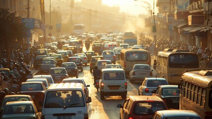 An urban street packed with traffic during sunset, featuring buses, cars, and motorbikes, casting long shadows and a golden glow over the chaotic scene.