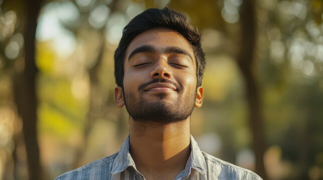 Close-up photo of a happy and satisfied young Indian man standing in a park with his eyes closed, resting and breathing deeply