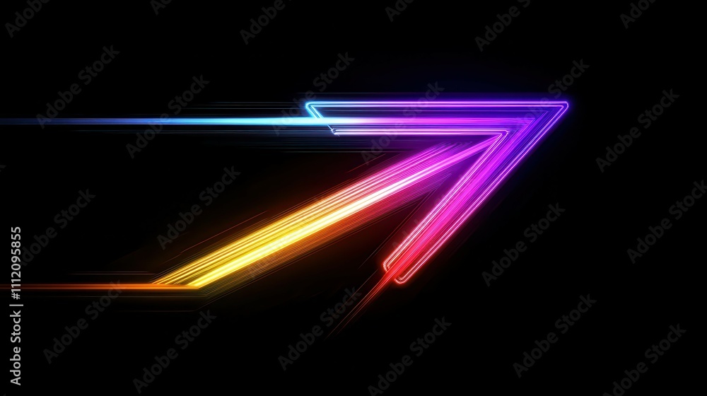 Aufkleber colorful arrow made of glowing light beams, pointing right at the center on a black background he ar