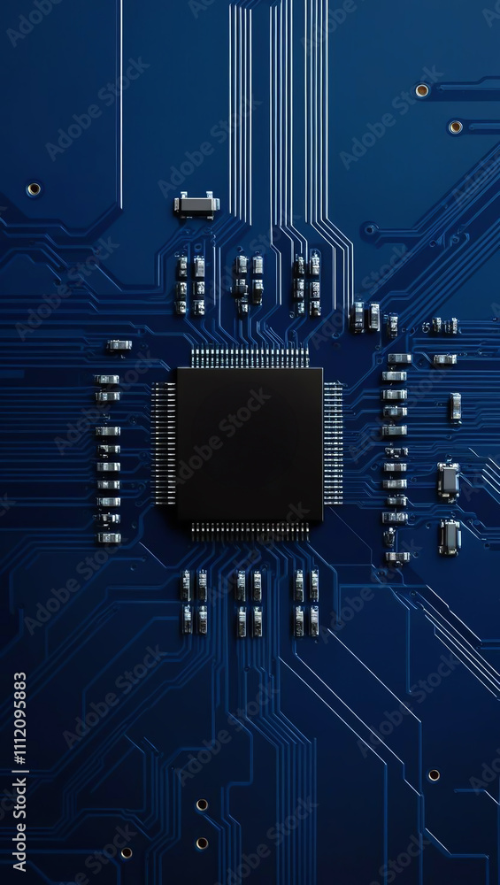 Poster circuit board design in deep blue color with ai microchip center