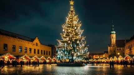 Fototapeta premium Glowing Christmas Tree and Festive Market at Night in Winter Scene
