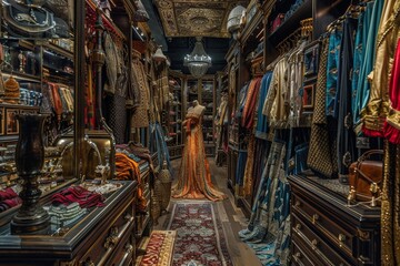This image shows a high-end clothing boutique filled with opulent garments hanging prominently, with intricate designs and rich fabrics creating a royal ambiance.