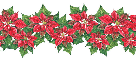 A seamless border of vibrant red poinsettia flowers with lush green leaves, painted in watercolor. This festive design Christmas theme. Ideal for gift wrapping, cards, invitations, and seasonal decor.