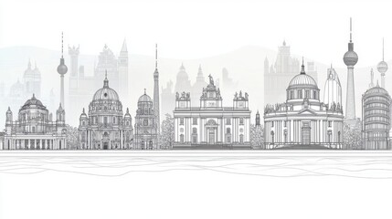 Fototapeta premium Urbanscape Linear Banner: Customizable Cityscape with Diverse Objects and Background Fill