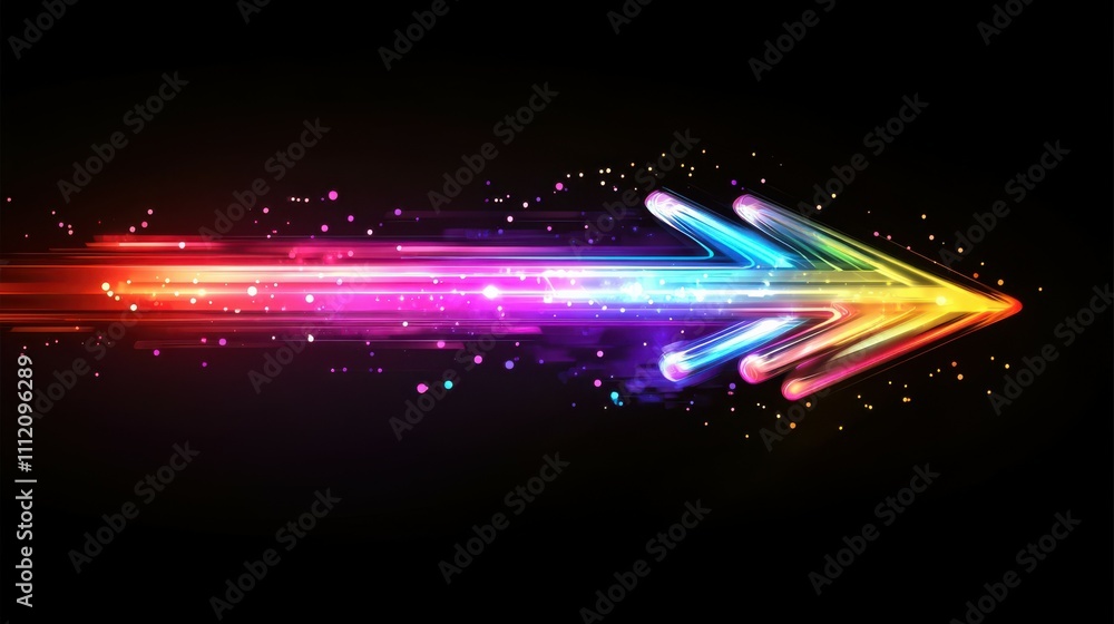 Poster colorful arrow made of glowing light beams, pointing right at the center on a black background he ar