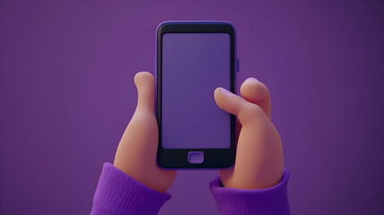 3D Cartoon Hands Holding Purple Smartphone Illustration