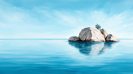 Fototapeta premium serene rocky island in calm blue ocean reflects clear sky