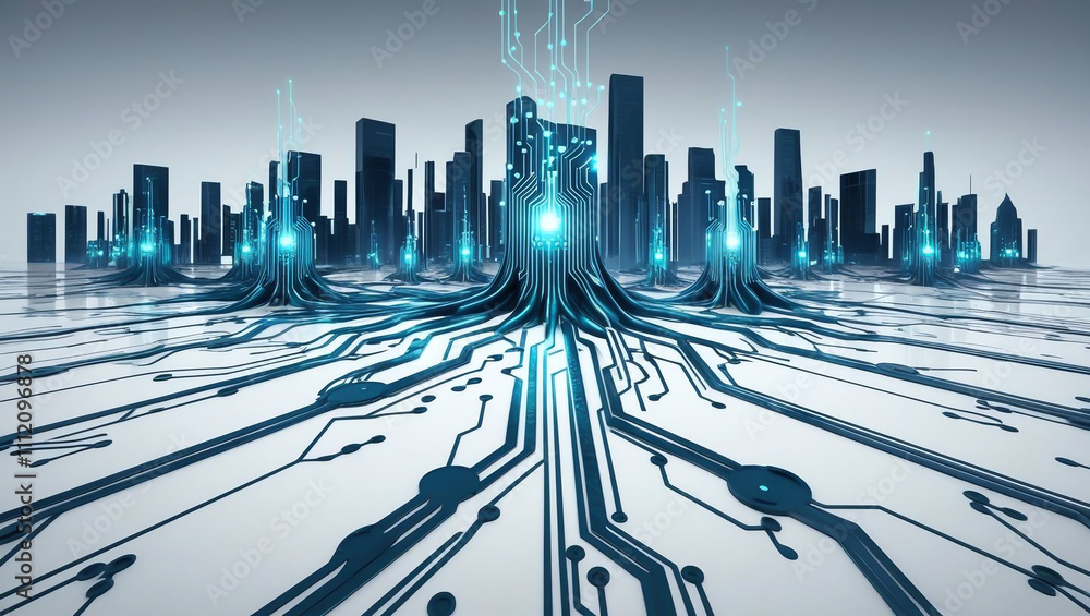 Poster digital cityscape with interconnected ai circuits representing innovation