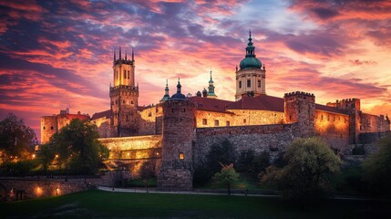 Obraz premium Stunning Sunset over Historic Castle with Dramatic Sky Reflections