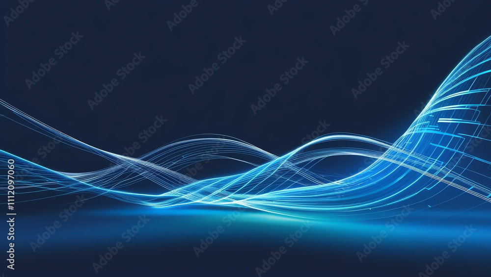 Poster futuristic glowing data streams create dynamic waves in deep blue tones