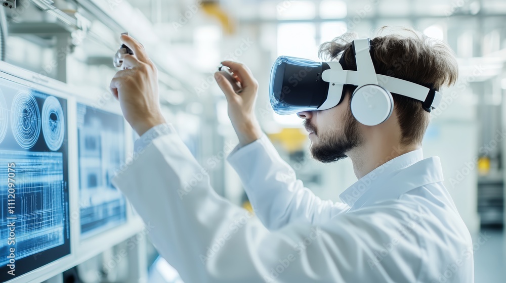 Poster technician using virtual reality headset in a high-tech lab environment for innovative research and 