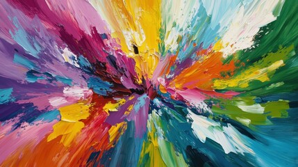 Bold, vibrant oil paint strokes in a spectrum of electric hues (magenta, cyan, neon yellow), forming an abstract dynamic explosion, fully textured and highly detailed