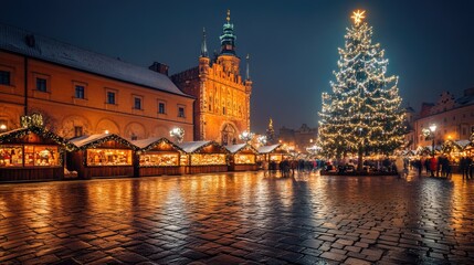 Fototapeta premium Festive Christmas Market with Lights and Tree at Night in City Square