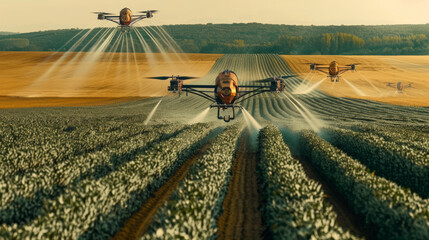Agricultural drones spraying crops in a golden field during sunset
