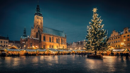 Naklejka premium Festive Christmas Market Scene with Illuminated Tree and Church
