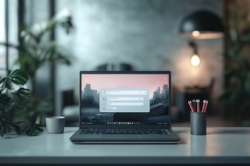 A laptop is open on a desk with a cup and a pen