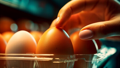 Macro photography, close-up of a female hand picking a raw chicken egg from a transparent plastic egg box from a supermarket shelf. Concept of the best animal proteins on the market. Generative Ai.