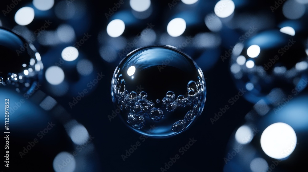 Poster abstract spheres in focus: a mesmerizing visual display of spheres in varying sizes, some crystal-cl