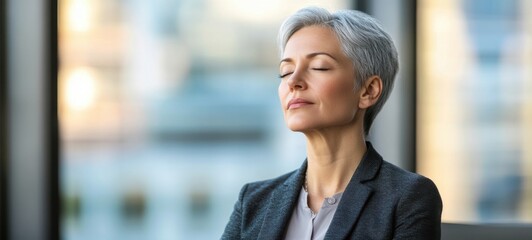 Mature Elderly Woman Practicing Mindfulness in Modern Office Environment for Stress Relief