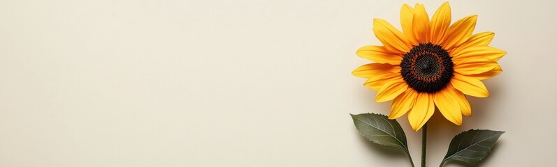 Fototapeta premium Yellow flower with green leaves on a white surface, space for text