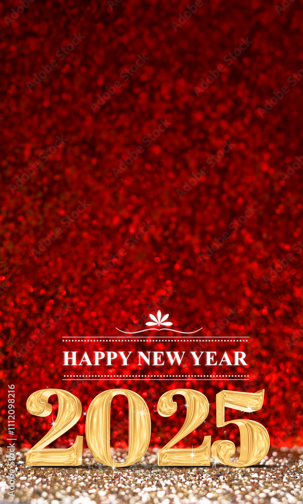 Poster happy new year 2025 3d rendering gold color on red glitter background